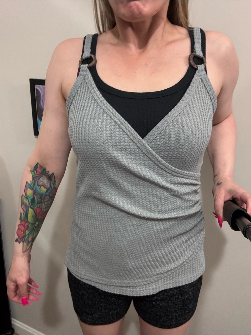 Sleeveless Gray Waffle Wrap Style Tank Top - Women